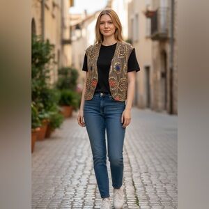 CHICO’S - glam! Sheer shrug with antique gold, red, blue beading. S/M